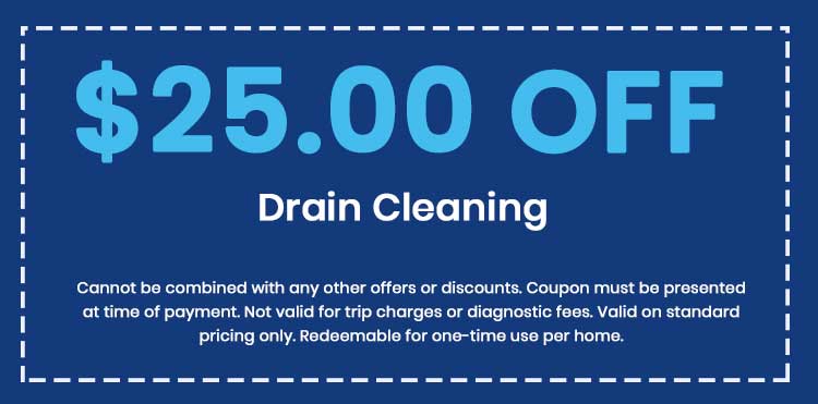 $25.00 off coupon for drain cleaning services, highlighting promotional discount details and usage stipulations for A & W Plumbing and Heating, Inc.