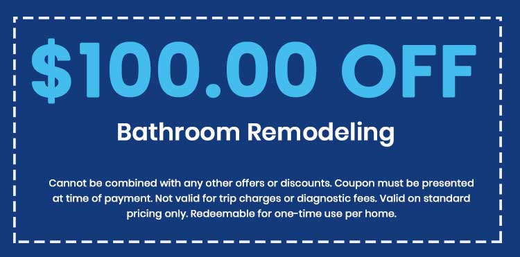 $100 off coupon for bathroom remodeling services from A & W Plumbing and Heating, featuring terms and conditions for usage.