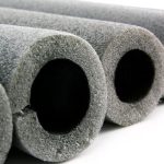 Foam cylindrical tubing for plumbing insulation, featuring gray soft foam with hollow centers and textured exteriors.